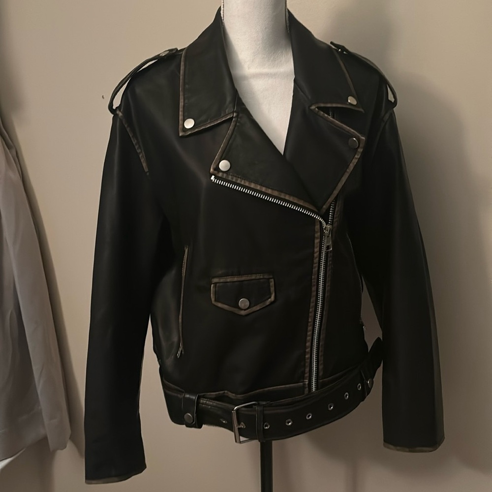 Bershka oversized worn detail biker jacket